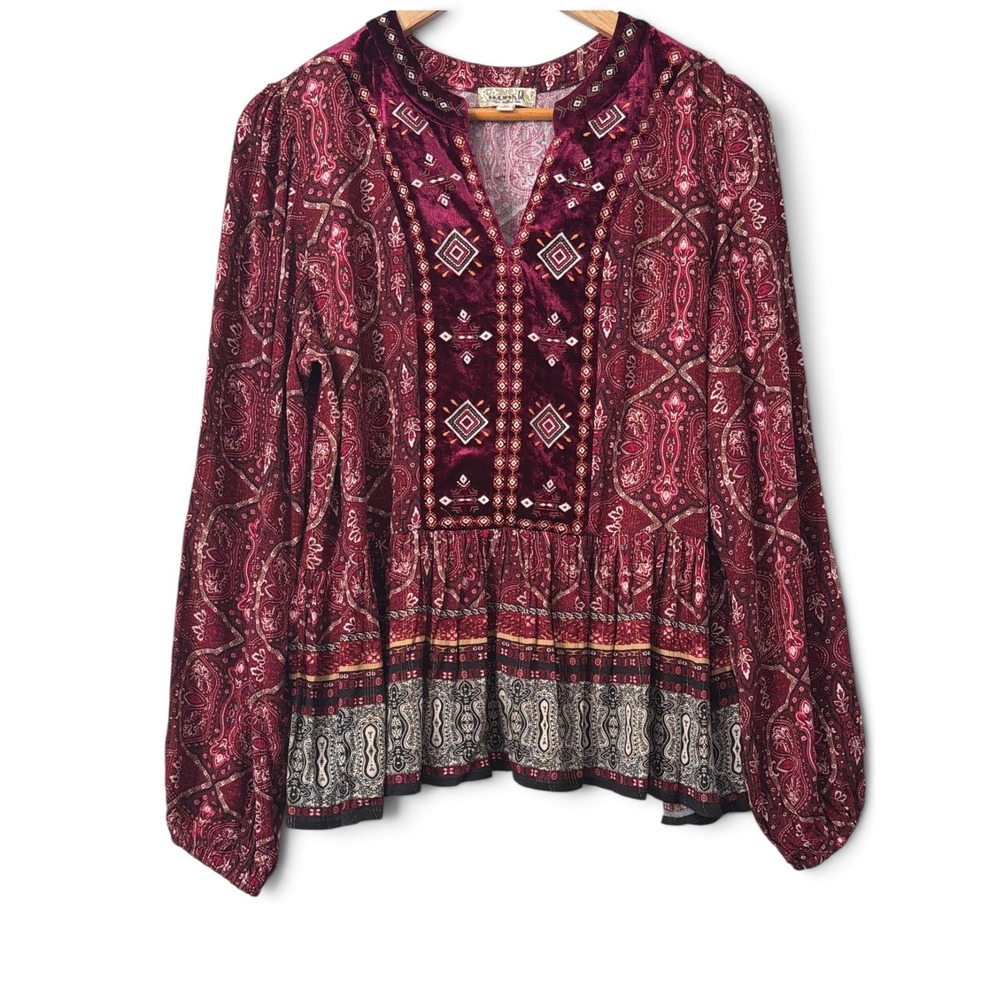 One World Burgundy Paisley Velvet Embroidered Peplum Peasant Top M mixed media